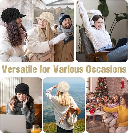 Ladies' Hat - Beanie Hat - Beret - Ladies' Beret - 2 Pieces - Knitted hat for ladies - Warm Winter Beret - Winter Hat - Warm Hats - Winter Hat with Brim - Winter - Fashion - Black/Beige - Image 4