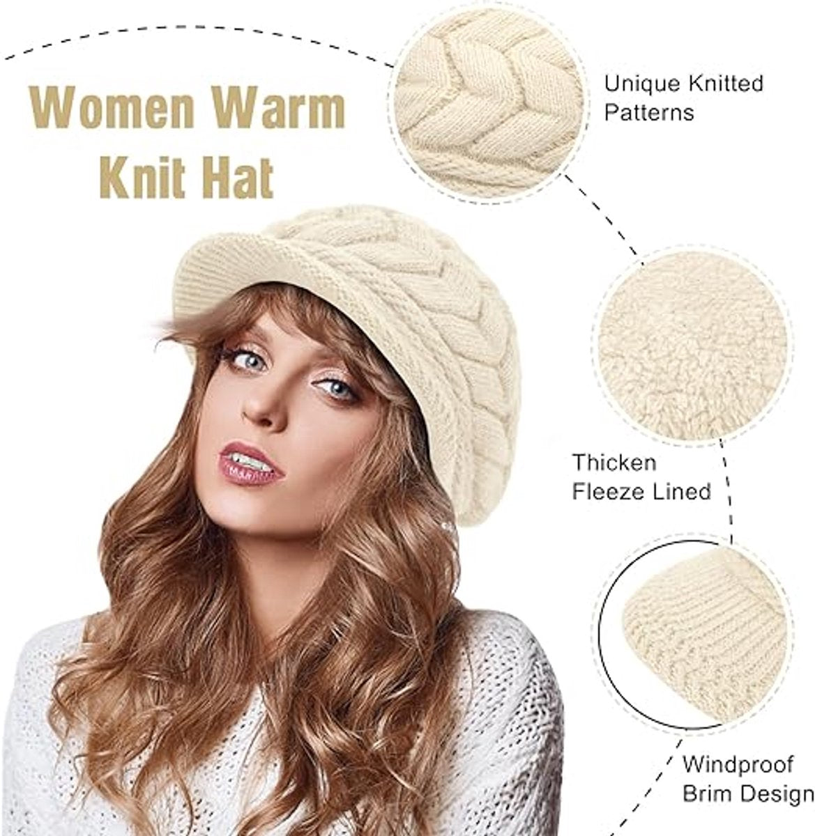 Ladies' Hat - Beanie Hat - Beret - Ladies' Beret - 2 Pieces - Knitted hat for ladies - Warm Winter Beret - Winter Hat - Warm Hats - Winter Hat with Brim - Winter - Fashion - Black/Beige - Image 5