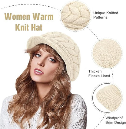 Ladies' Hat - Beanie Hat - Beret - Ladies' Beret - 2 Pieces - Knitted hat for ladies - Warm Winter Beret - Winter Hat - Warm Hats - Winter Hat with Brim - Winter - Fashion - Black/Beige - Image 5