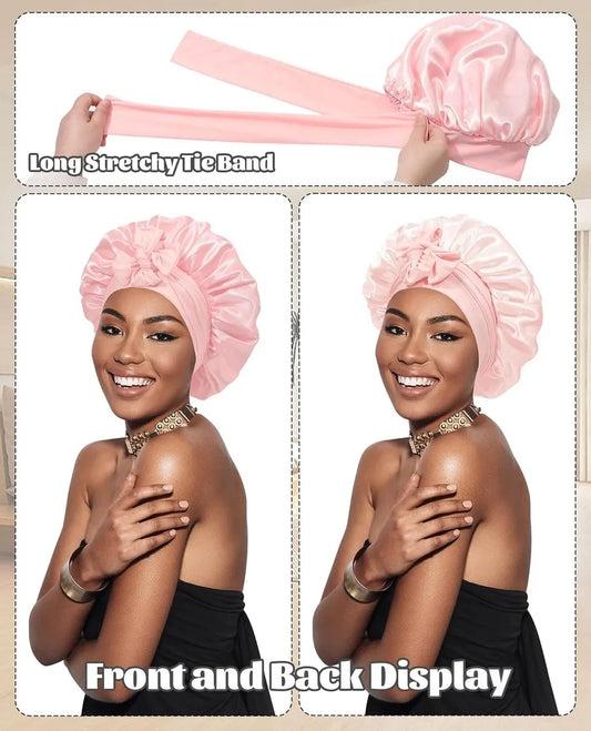 Satin Bonnet - Satin Bonnet - Satin Sleep Cap - Hairnets - Hair Cap - Sleep Cap - Satin Bonnet - Adjustable Satin Sleep Cap - Soft and comfortable - Hair care - curly hair Sleep Cap - with elastic tie band - Pink - Image 2