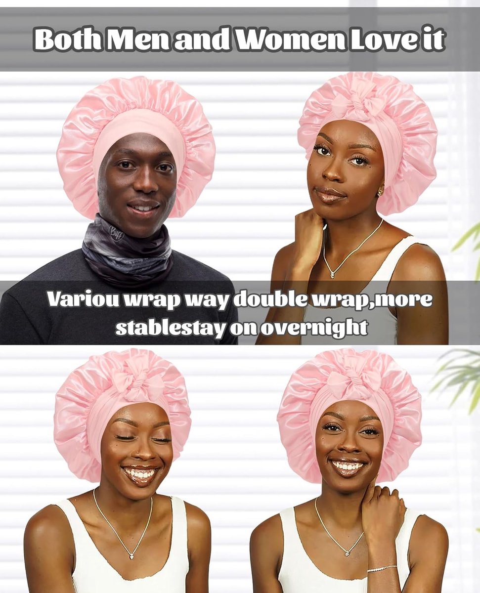 Satin Bonnet - Satin Bonnet - Satin Sleep Cap - Hairnets - Hair Cap - Sleep Cap - Satin Bonnet - Adjustable Satin Sleep Cap - Soft and comfortable - Hair care - curly hair Sleep Cap - with elastic tie band - Pink - Image 3