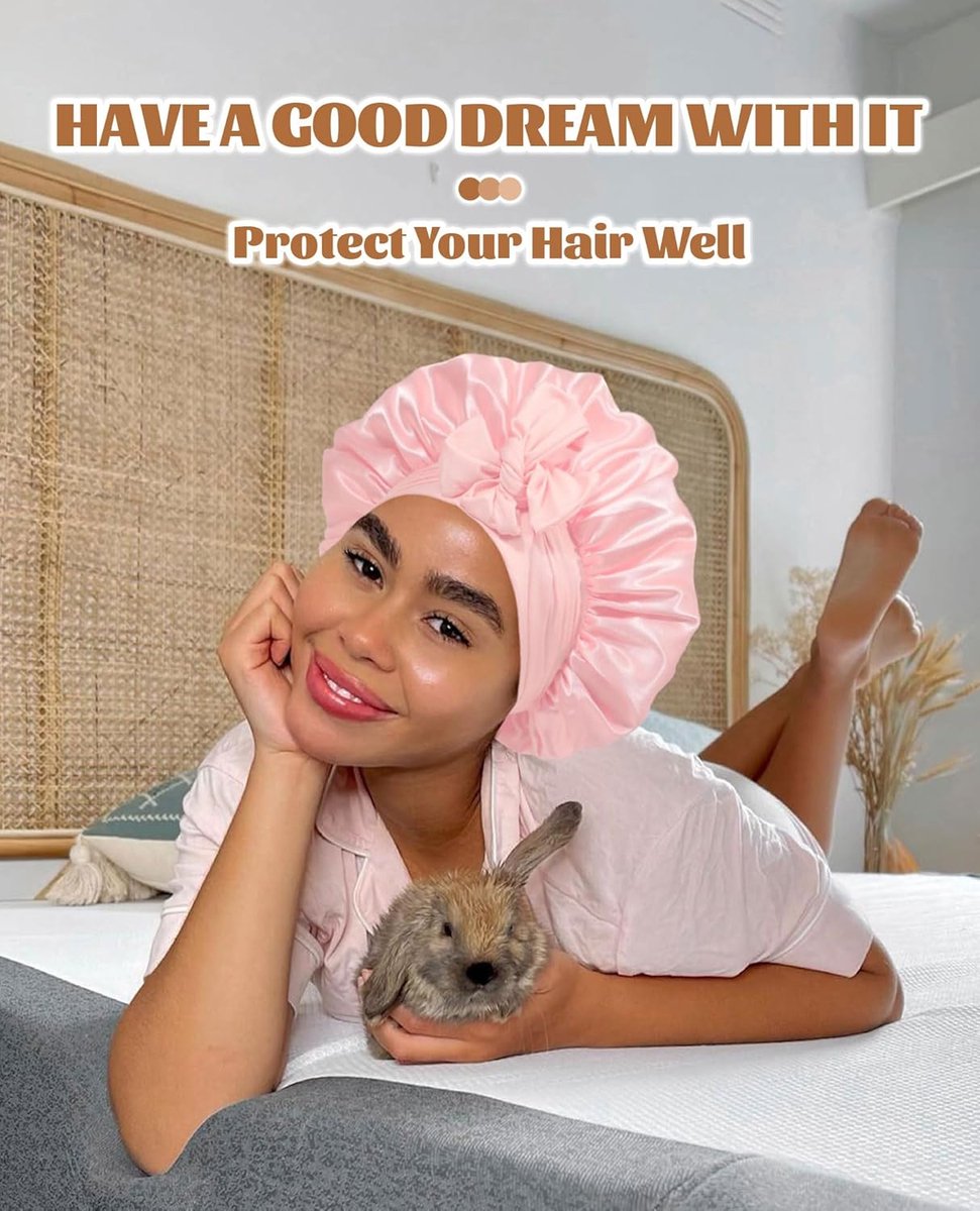 Satin Bonnet - Satin Bonnet - Satin Sleep Cap - Hairnets - Hair Cap - Sleep Cap - Satin Bonnet - Adjustable Satin Sleep Cap - Soft and comfortable - Hair care - curly hair Sleep Cap - with elastic tie band - Pink - Image 4