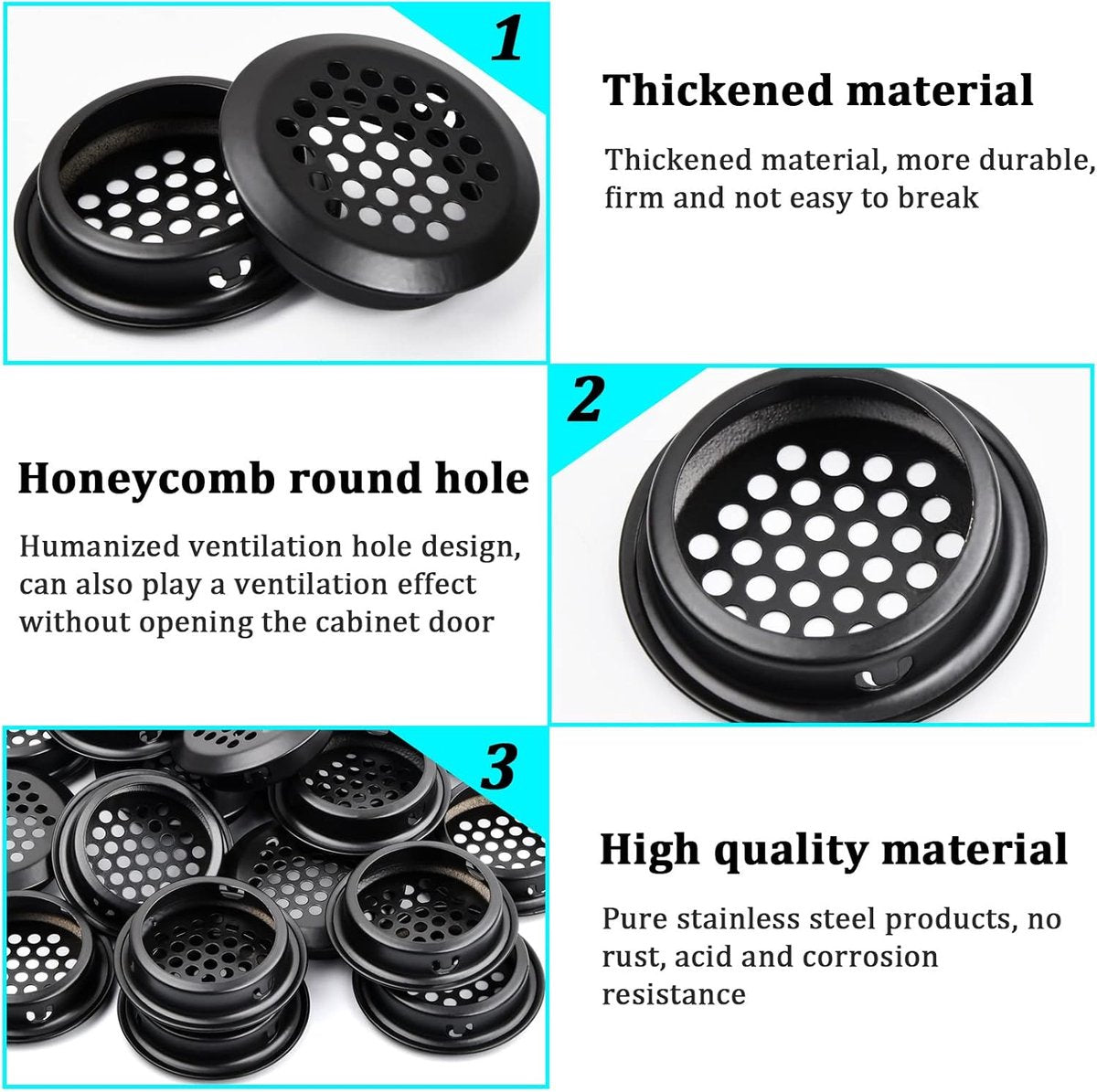 20 pieces - ventilation grilles - 35 mm - stainless steel ventilation openings - stainless steel ventilation grilles - round ventilation grilles - stainless steel ventilation grille hole - for kitchen cabinet and wardrobe furniture - black - Image 4