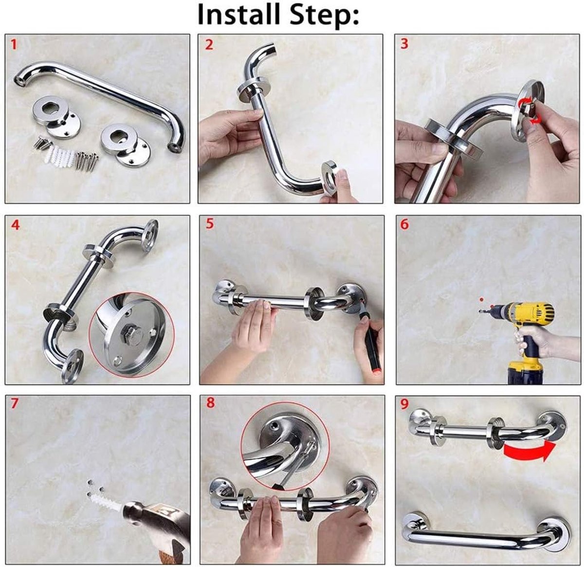 Shower Grab Bar - Stainless Steel - Bathroom Heavy Duty Safety Grab Bars - for the Elderly, Disabled, and Children - Non-Slip Grab Bar - Kitchen - Stairs - Kitchen Cabinet Handle - Safety Grab Bar - Screws Included - Silver - 30CM - Image 2