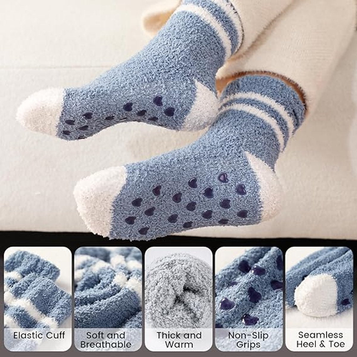 5 Pairs - socks - Non-slip socks - Warm Fuzzy Fleece Socks - Women's House Socks - Warm Winter Socks - Fluffy Socks - Sleep Socks - House Socks - Stockings - keep warm - coral fleece - Plush and comfortable - thick plush socks - Unisex - Image 3