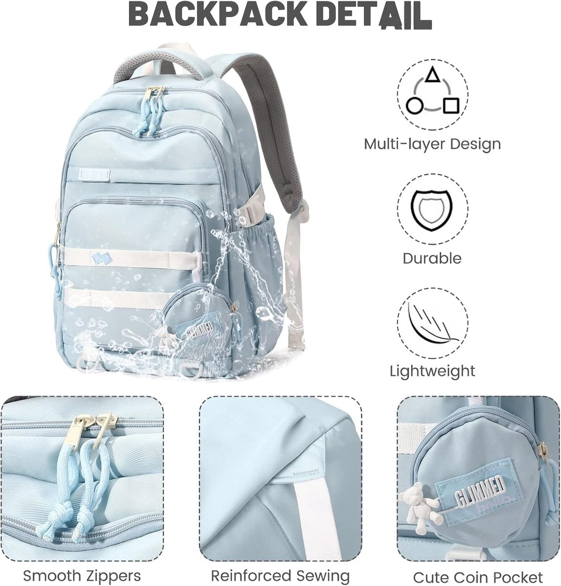 Waterproof backpack for girl - Girl's Backpack - School backpack - lightweight school bag - School bag - Girls School Student School Bag - Large capacity backpacks for Girls and Boys - Teenagers - High School backpacks - Blue - Image 5