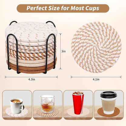 Set of 10 Round Coasters with Stand - Coaster Set - Thermal Insulation - Non-Slip Braided Cotton Coasters - Coasters for Glasses - for Glasses - For Drinks, Bar, Cups, Table Coasters - Khaki/White - Image 4