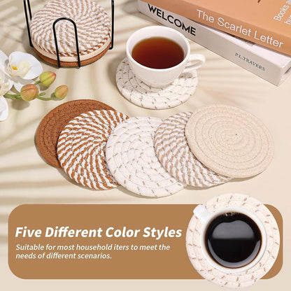 Set of 10 Round Coasters with Stand - Coaster Set - Thermal Insulation - Non-Slip Braided Cotton Coasters - Coasters for Glasses - for Glasses - For Drinks, Bar, Cups, Table Coasters - Khaki/White - Image 5