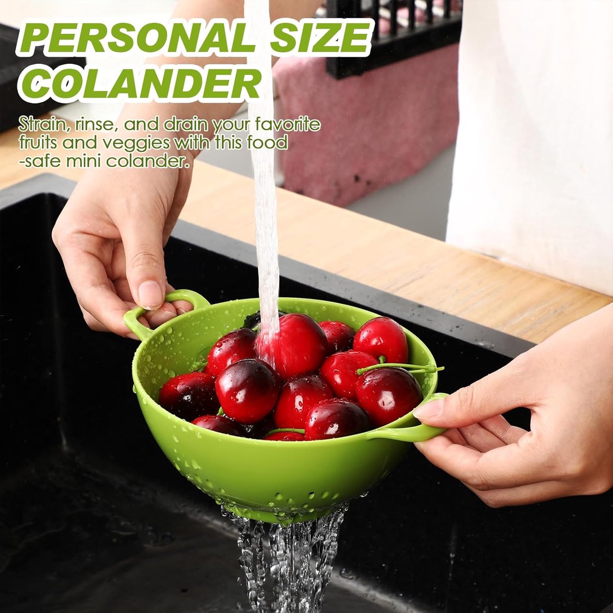 4 pieces - Vegetable laundry basket - Kitchen colander - plastic berry strainer - plastic colanders with handle - with double handles - small colander strainer - for fruit, vegetables and food - kitchen accessories - green, purple, red, yellow - 19*14.8*7 - Image 2