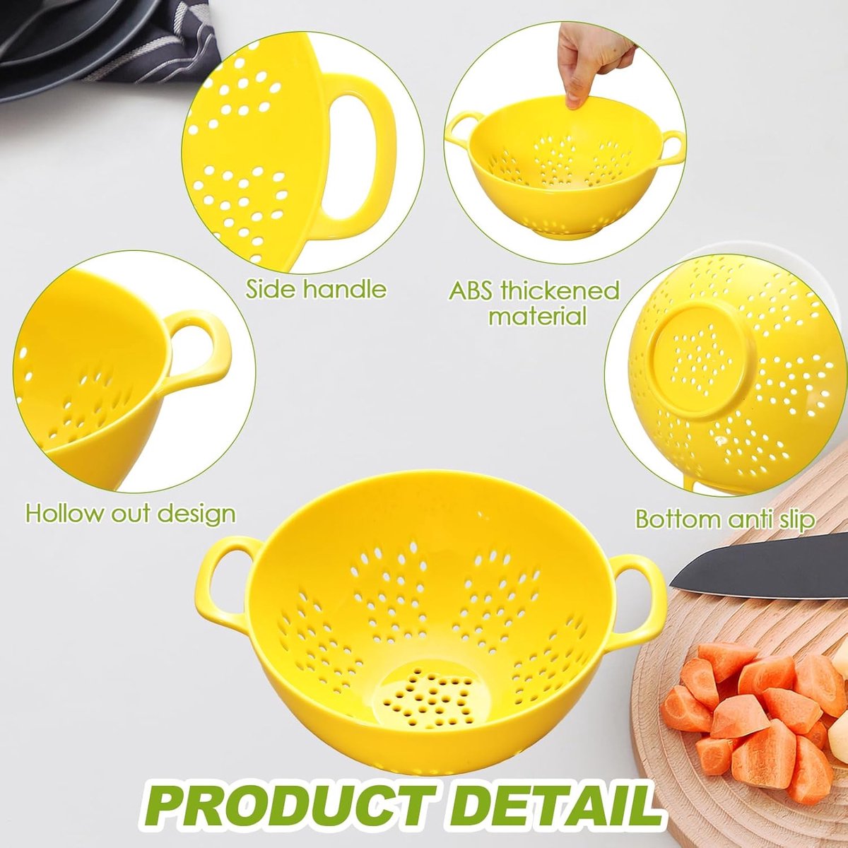 4 pieces - Vegetable laundry basket - Kitchen colander - plastic berry strainer - plastic colanders with handle - with double handles - small colander strainer - for fruit, vegetables and food - kitchen accessories - green, purple, red, yellow - 19*14.8*7 - Image 3