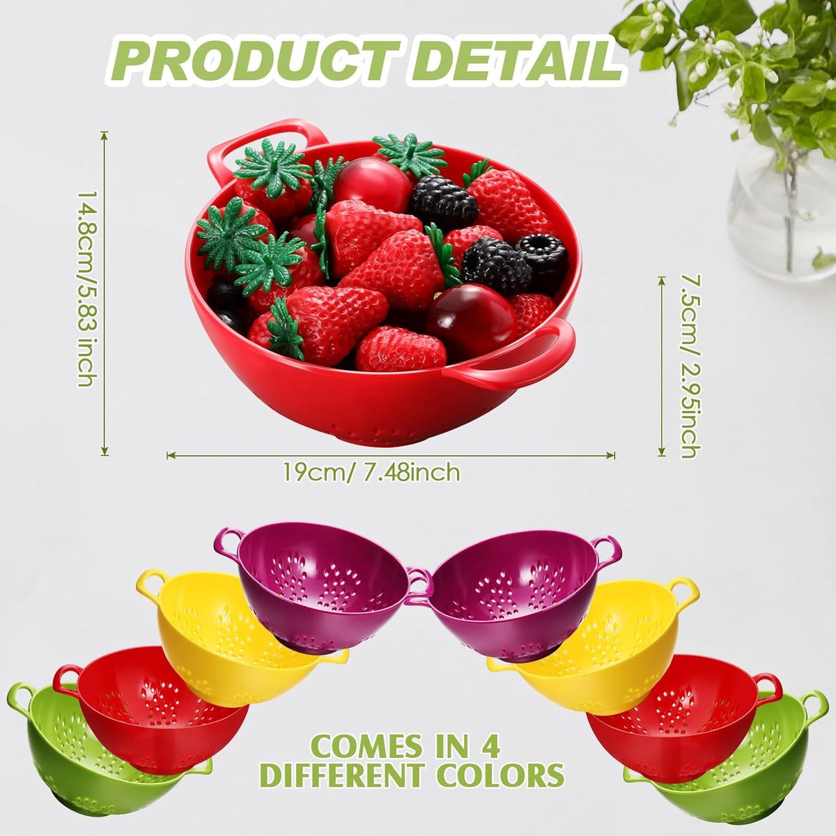 4 pieces - Vegetable laundry basket - Kitchen colander - plastic berry strainer - plastic colanders with handle - with double handles - small colander strainer - for fruit, vegetables and food - kitchen accessories - green, purple, red, yellow - 19*14.8*7 - Image 5