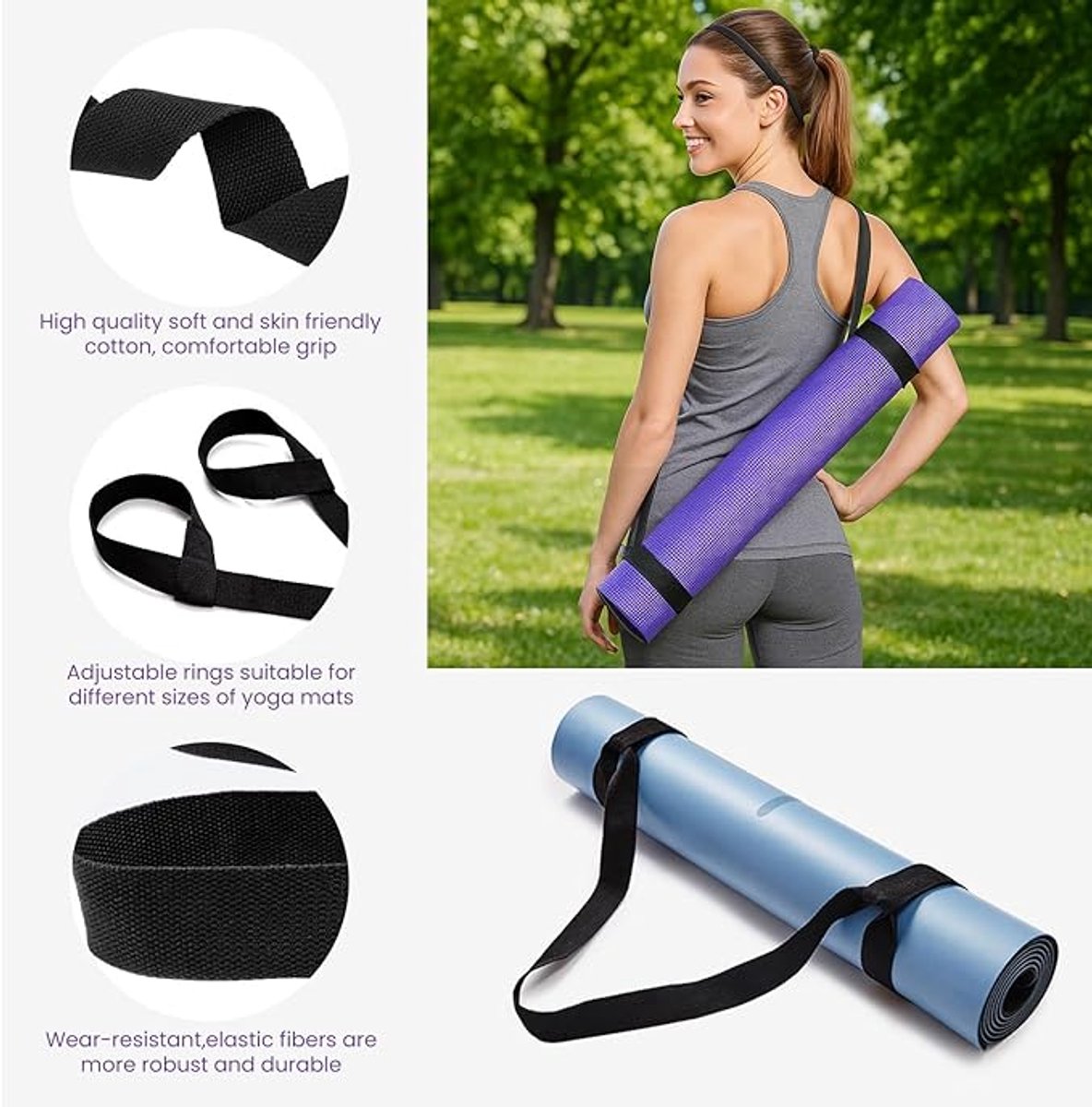 Yoga Mat Strap - Yoga Mat Carrying Strap - Straps - Adjustable Shoulder Straps - Yoga Mat Carrying Strap - Yoga Mat Storage Straps - For Storage and Organization - Black - 38 mm x 1.5 m - (mat not included) - Image 2