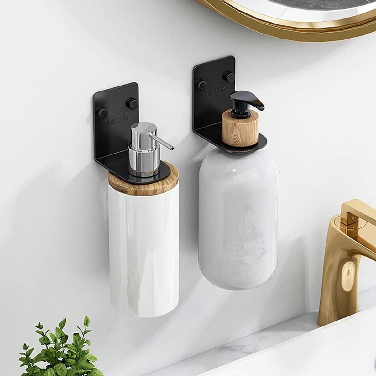 Pieces Wall-Mounted Soap Dispenser - Wall-Mounted Soap Dispenser - Hand Pump Holder - Wall-Mounted Shampoo Bottle Holder - Kitchen-Bathroom Organizer - Wall Bracket - Black - Image 2