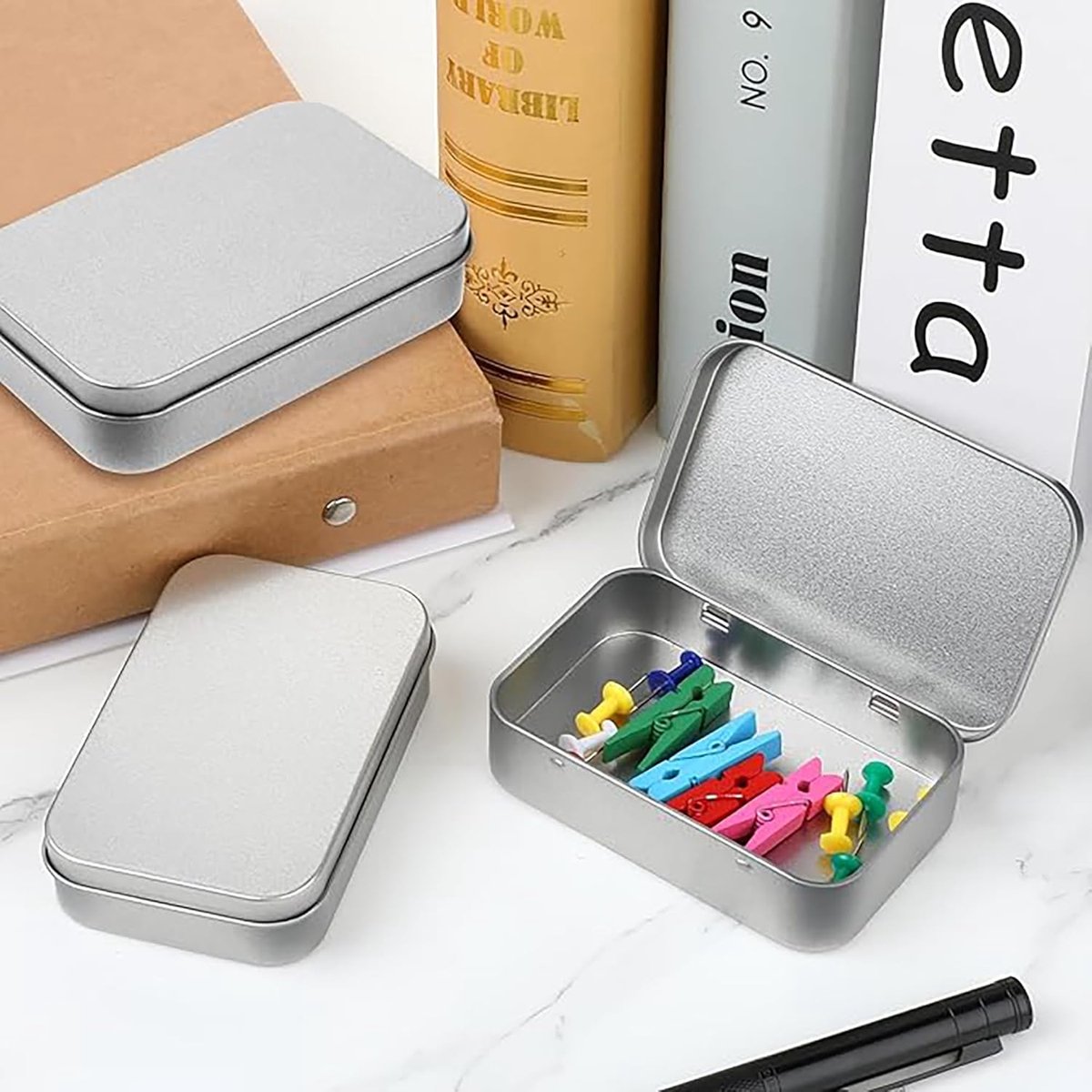 4 pieces - Iron box - Storage box - Portable box - storage box - jewelry box - rectangular metal tins - metal hinged boxes - with lid - for home and outdoors - 9.5*6*2.1 cm - silver - Image 3