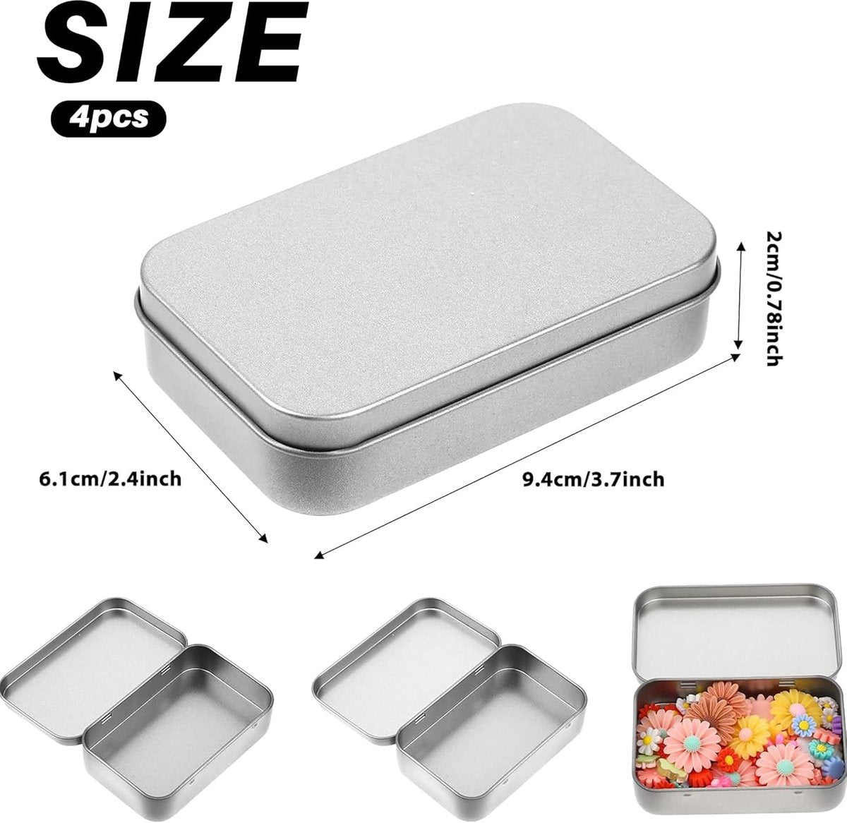 4 pieces - Iron box - Storage box - Portable box - storage box - jewelry box - rectangular metal tins - metal hinged boxes - with lid - for home and outdoors - 9.5*6*2.1 cm - silver - Image 5