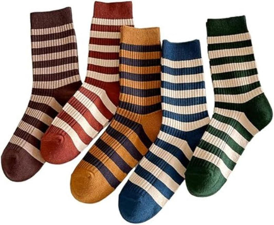 Socks - 5 Pairs of socks - Value pack women's socks Size 36/40 - Women's Socks - retro style colorful striped socks - stockings - Women's Socks Solid Color - Long socks - autumn Socks - soft, absorbent, breathable - For autumn and spring