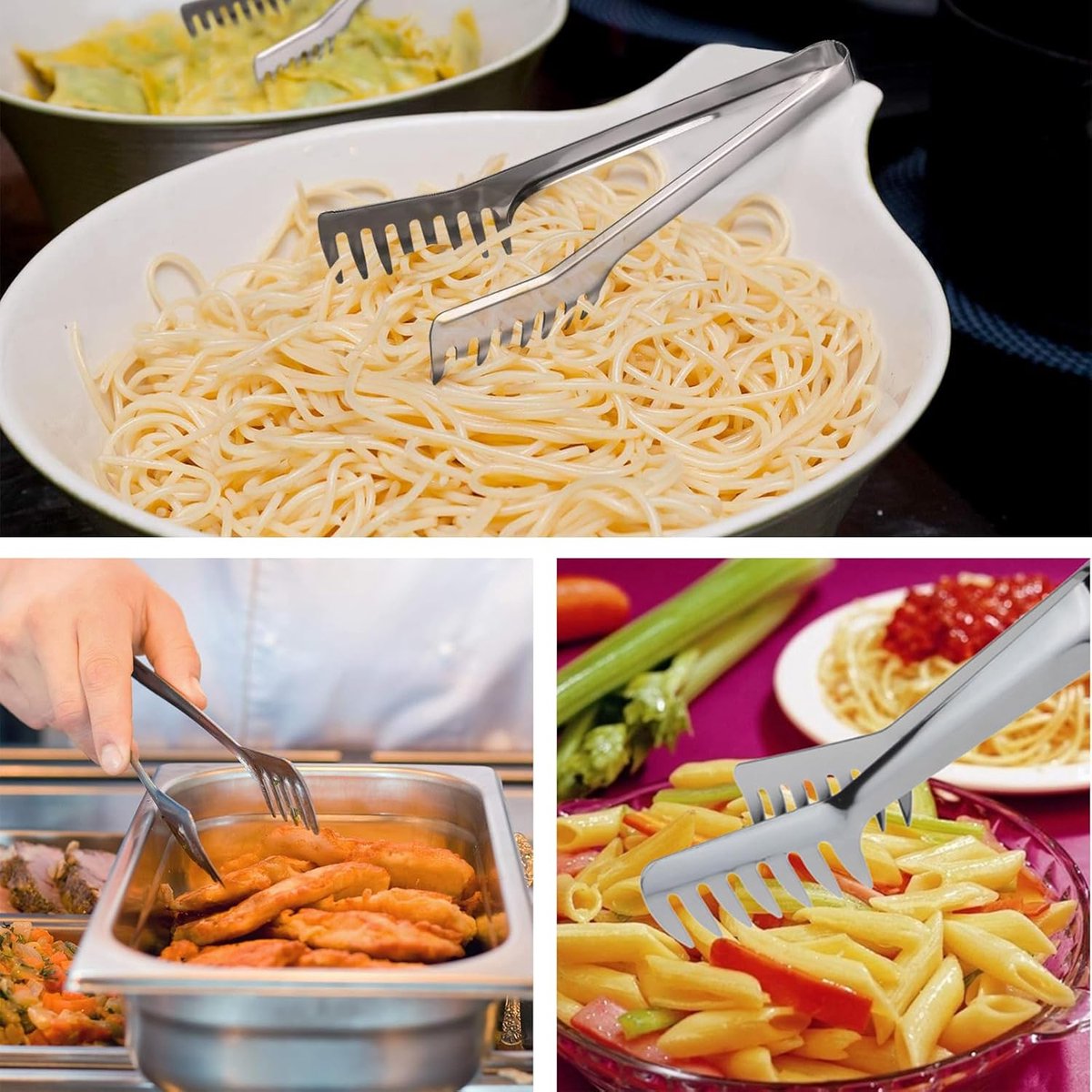 Spaghetti tongs - Kitchen tongs - Pasta tongs - Serving tongs - Spaghetti tongs - Pasta tongs - Stainless steel - Salad tongs - Universal tongs for cooking pasta, spaghetti, salads - Image 3