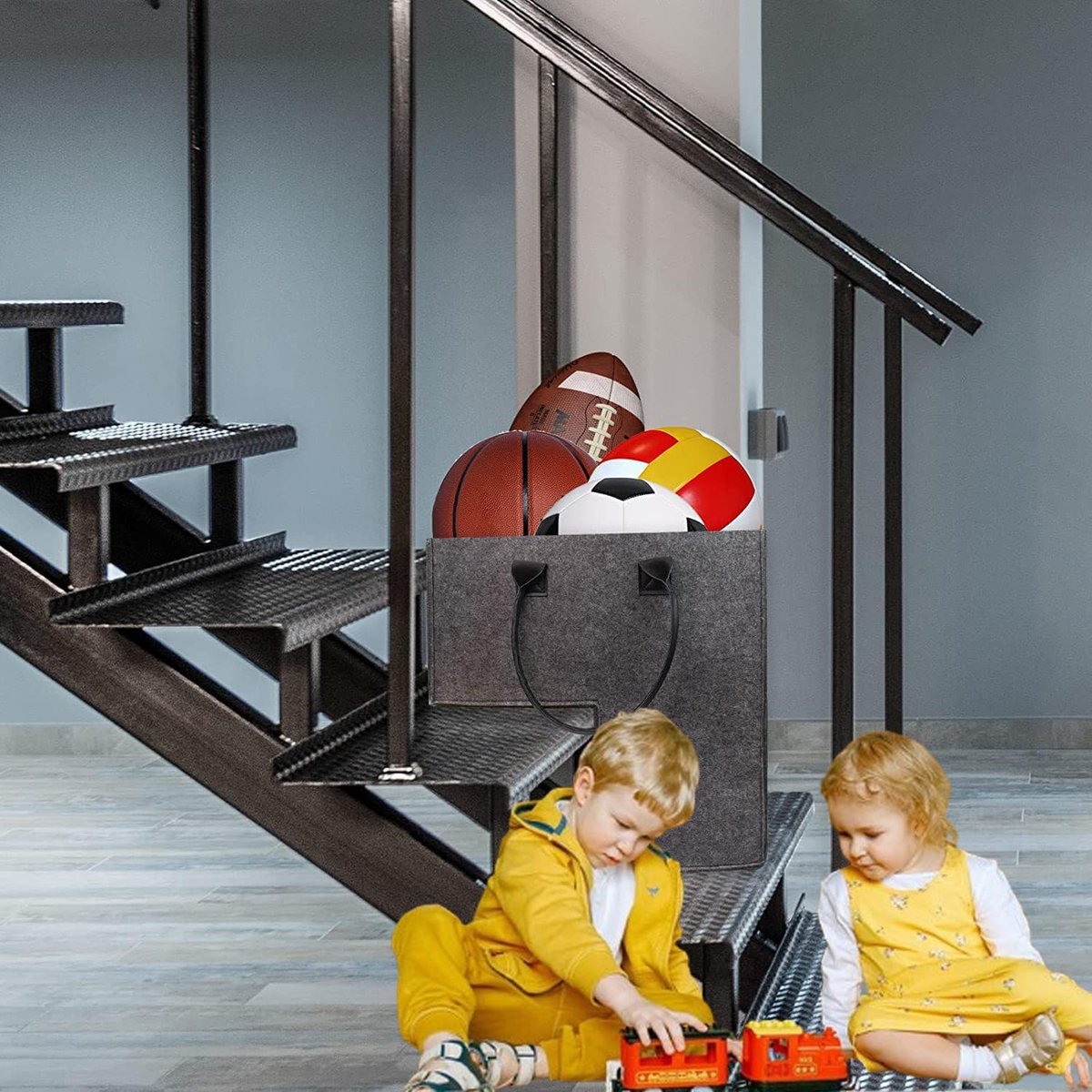 Stair Organizer Basket - Stair Basket - L-shaped Foldable Stair Basket - Storage Bag - Felt Stair Basket - Laundry Basket - Toy Basket - Household Items - for Laundry, Toys - 42*42*25.5 cm - Grey - Image 3