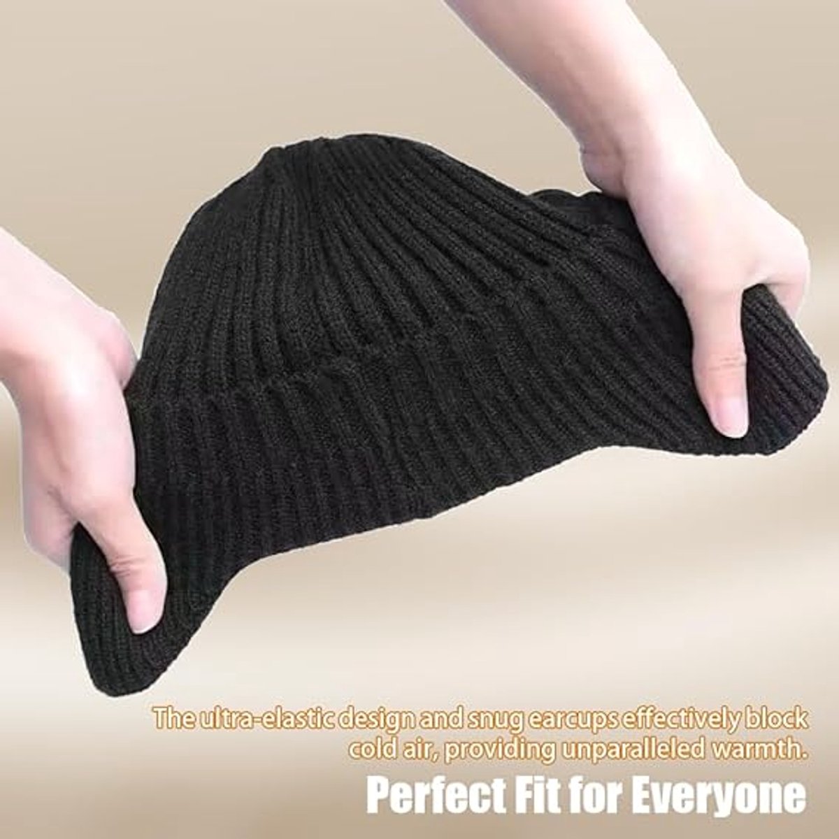 Hat - Knitted hat - Winter hat - Outdoor hat - Warm outdoor hat - with ear flaps and brim - warm knitted hat - windproof winter hat - warm ear protection - for men and women - for cycling, skiing and cold weather - black - Image 3