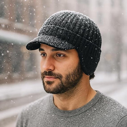 Hat - Knitted hat - Winter hat - Outdoor hat - Warm outdoor hat - with ear flaps and brim - warm knitted hat - windproof winter hat - warm ear protection - for men and women - for cycling, skiing and cold weather - black - Image 4