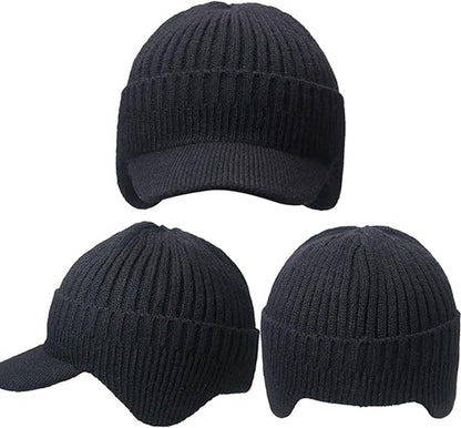 Hat - Knitted hat - Winter hat - Outdoor hat - Warm outdoor hat - with ear flaps and brim - warm knitted hat - windproof winter hat - warm ear protection - for men and women - for cycling, skiing and cold weather - black - Image 5