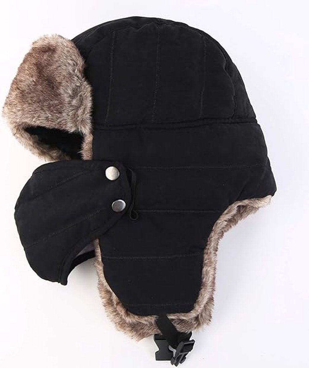 Beanie - men's beanie - Winter beanie - With Ear flaps and Face Mask - Winter Fur - Men's winter hat - Trapper hat - Black Ski Trooper - Snow Cap - Russian hat - Hunter's hat - Winter ear flap beanie - for cold weather - Black & Brown - Image 4