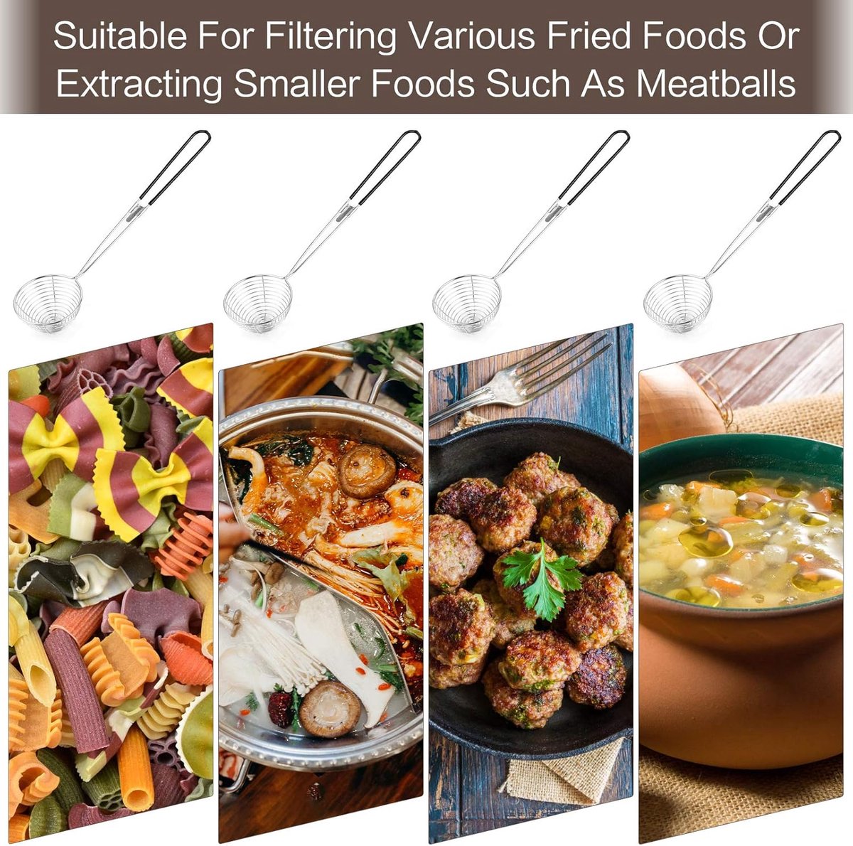 6 Pieces - Fondue nets - Stainless steel fondue nets - Fondue net - Fondue nets - Fondue baskets - Fondue strainer - with handle - for boba pearls, pasta, tortellini, meatballs and cooking - Image 3