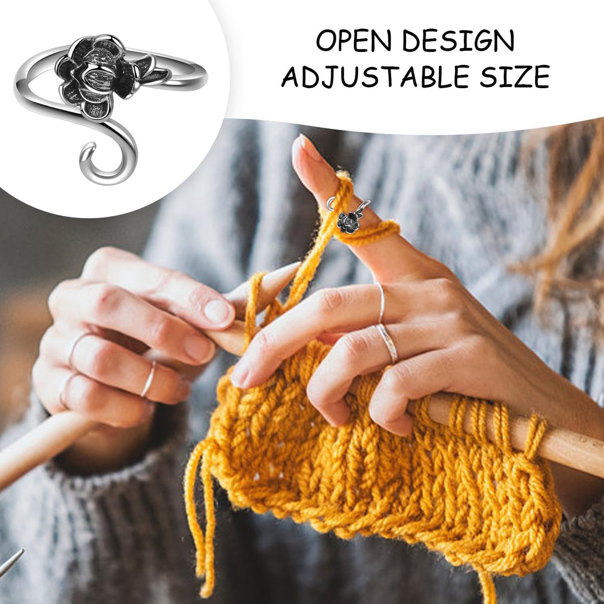 4 pieces - Crochet rings - Crochet finger rings - crochet ring - crochet ring crochet - vintage metal rings - adjustable - braided accessories - crochet tools - crochet supplies - silver - Image 2