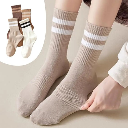 4 pairs - Socks - Cotton Socks - Autumn and winter socks - Comfortable and durable socks - striped socks for women - comfortable cotton leisure socks for women - cute socks - white, coffee, khaki, light brown - Image 2