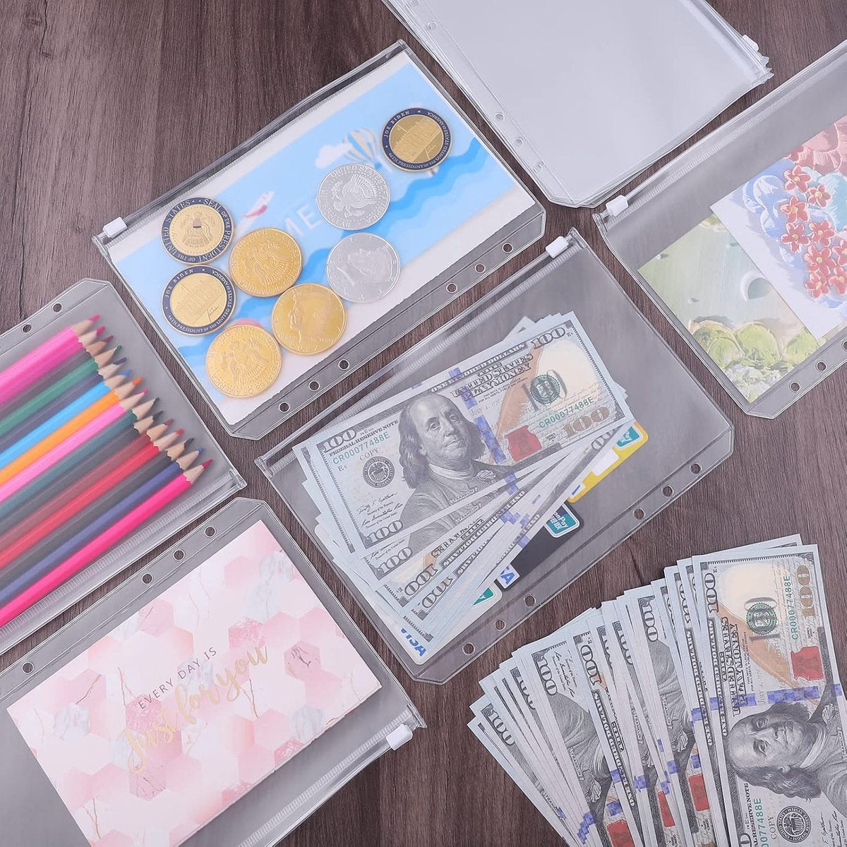 A5 (21x14.9cm) Binder Bags - 12 Pieces - Money Folders with Closure - 6 Holes Budget Cash Envelopes for Budgeting - Transparent Zipper Folder - Waterproof PVC Document Pouch Archiving - Transparent - Image 4