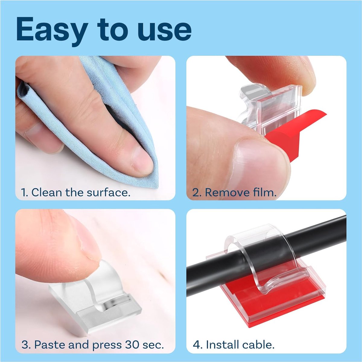 120 pieces - Cable clips - Cable holder - Cable clamp - Cord organizer - Outdoor lighting clips - transparent self-adhesive cable clips - for Christmas lights - with adhesive strips - patio decoration - for hanging wires and cable management - 14*14 mm - Image 2