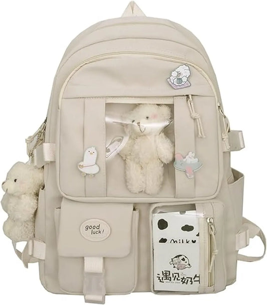 Waterproof backpack for girls - Girl's Backpack With Pin and Accessories - boys' backpack - women's backpack - Lightweight School Bag - School Student School Bag - Large Capacity Backpacks - Teenagers - High School Backpacks - White