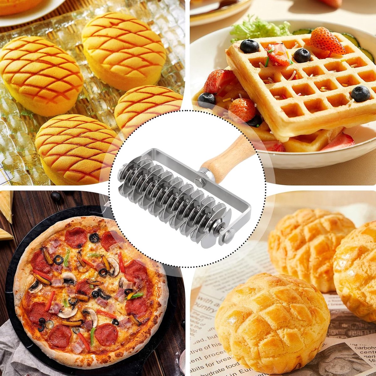 Dough cutter - Grid roller - Grid cutter - Stainless steel dough cutter - Dough roller with grid - Grid cutter for rolling pins - Dough knife grid - roller cutter - rolling pin - kitchen utensils - for cookies, bread, cake, pizza and pie - Image 3