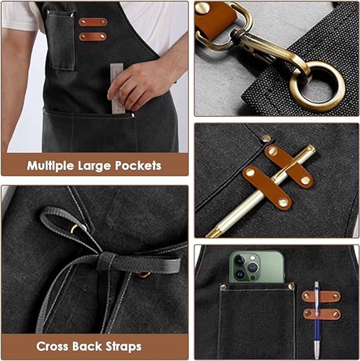 Men's Canvas Apron - Canvas Apron - 3 Pockets - Waterproof - Adjustable - Kitchen Apron for Men and Women - Apron for Barbecue, Restaurant, Garden, Carpenter - Easily Adjustable - Brown - 76 x 68 cm - Image 3