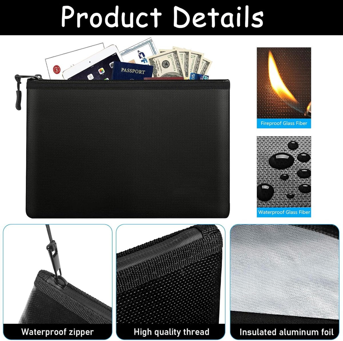 pieces - fireproof bag - A4/A5 - fireproof document holder - fireproof storage bag - fireproof money bag - fireproof pouch - for passport, card and valuables - 28*17cm, 34*24 cm - black - Image 4
