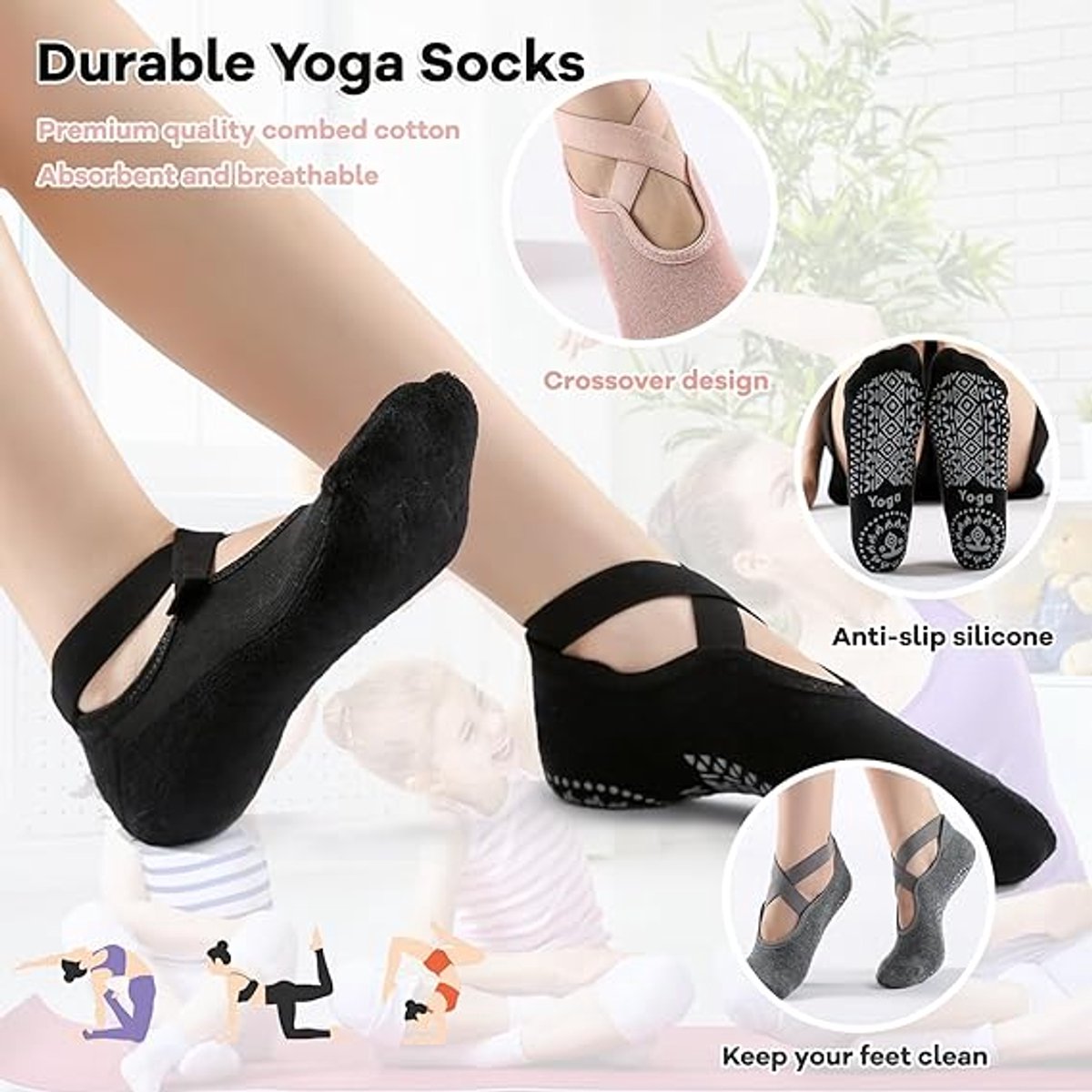 3 pairs of yoga socks - Pilates socks - non-slip socks - sports socks - ballet socks - for yoga pole Pilates dance - black, dark grey and pink - Image 3