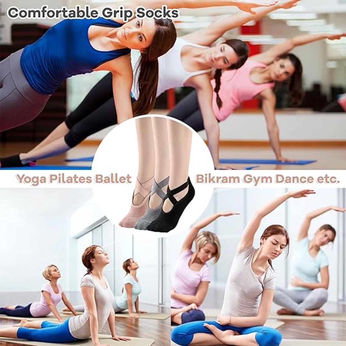 3 pairs of yoga socks - Pilates socks - non-slip socks - sports socks - ballet socks - for yoga pole Pilates dance - black, dark grey and pink - Image 5