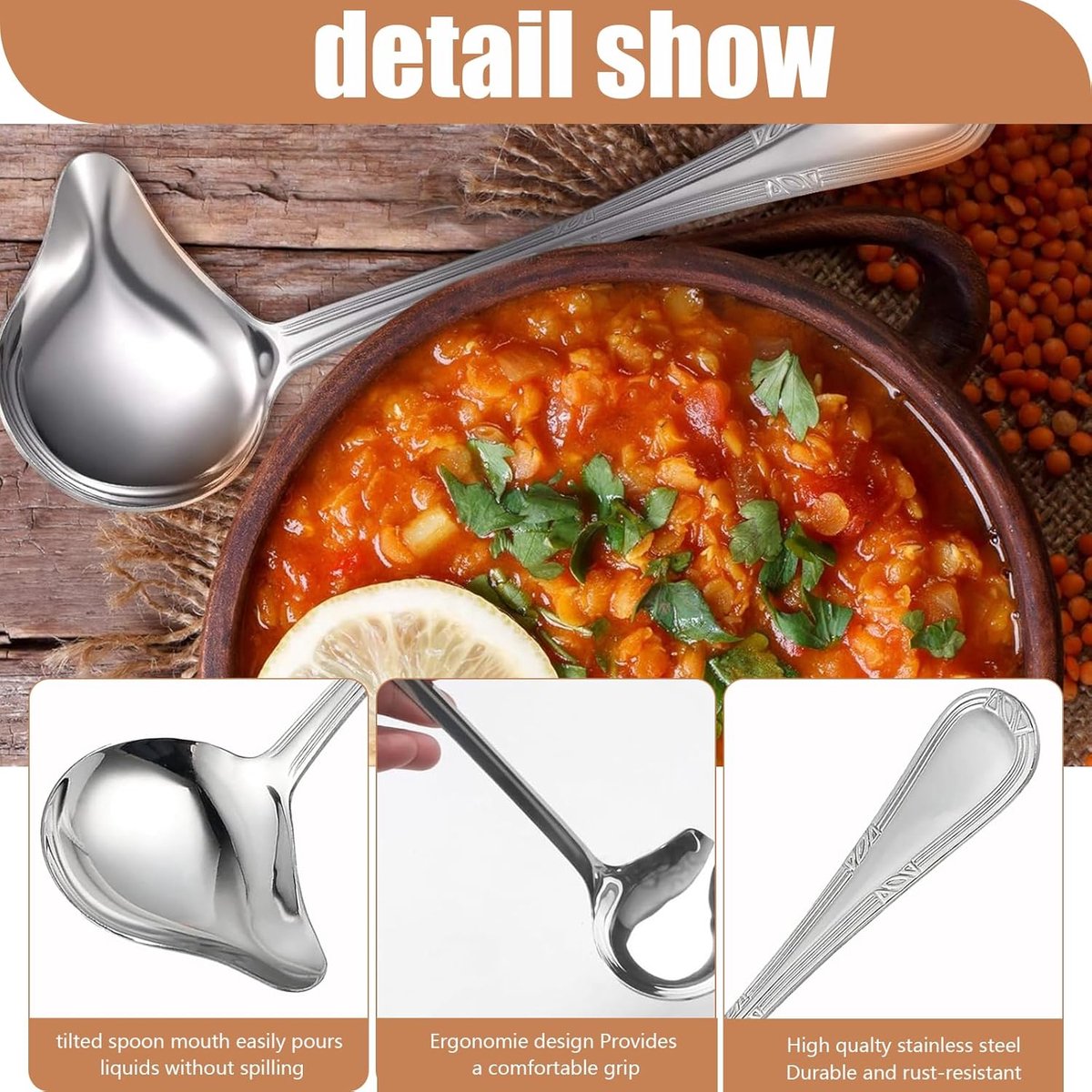 2 pieces - Gravy ladle - Spoon - Spoon with spout - Kitchen sauce ladle - Sauce ladle - Stirring spoon - Soup ladle - Ladle set - Cooking spoon - Serving spoon - Soup ladle - Oil and fat separator - Stainless steel kitchen spoons - for soup, sauce and spi - Image 2