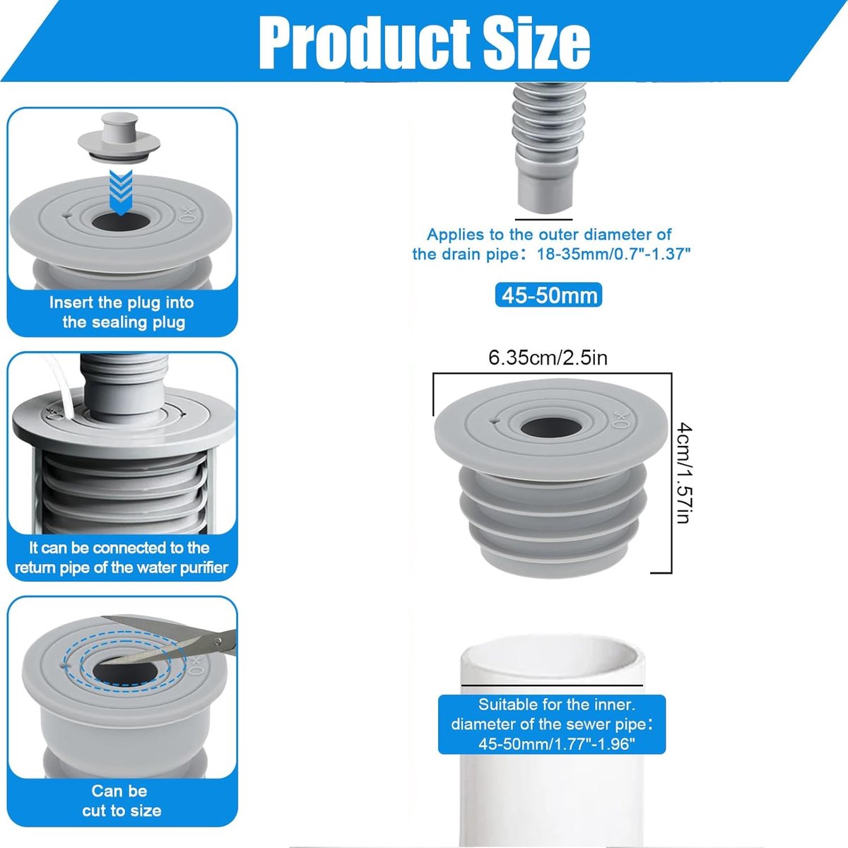 pieces - RF sealing ring - Sewer seals - applicable pipe inner diameter 45-50 mm - floor drain - drain pipe seal - silicone washing machine drain hose seal - anti-odor drain seal - with lid - for home, kitchen and bathroom - grey - Image 5