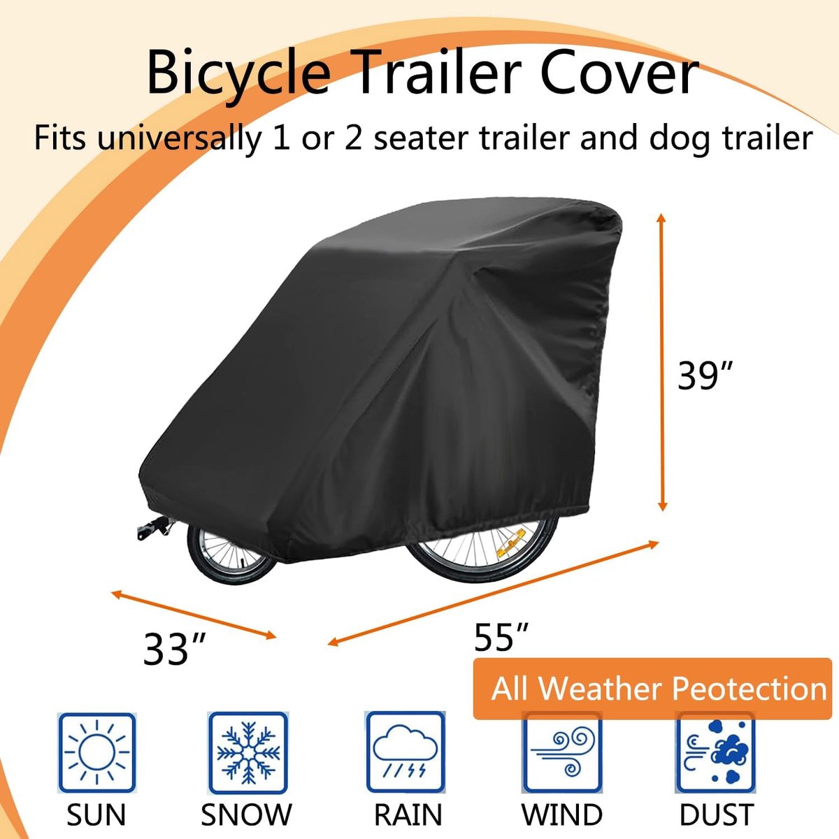 Bicycle Trailer Cover - Waterproof Bicycle Trailer Storage Cover - 420D Oxford Fabric - Waterproof cover for storing bicycle trailers - With PU coating - Child's Bicycle Trailer Cover - Anti-UV, windproof, dustproof, waterproof - 33*55*39 inches (84*140*9 - Image 3
