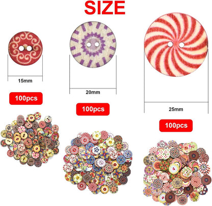 300 pieces - buttons - Clothing Buttons - Sewing Buttons - round children's buttons - 2 holes - wooden sew-on buttons - for sewing, crafting, DIY handmade ornaments - 15 mm, 20 mm and 25 mm, 100 pieces each - Image 2