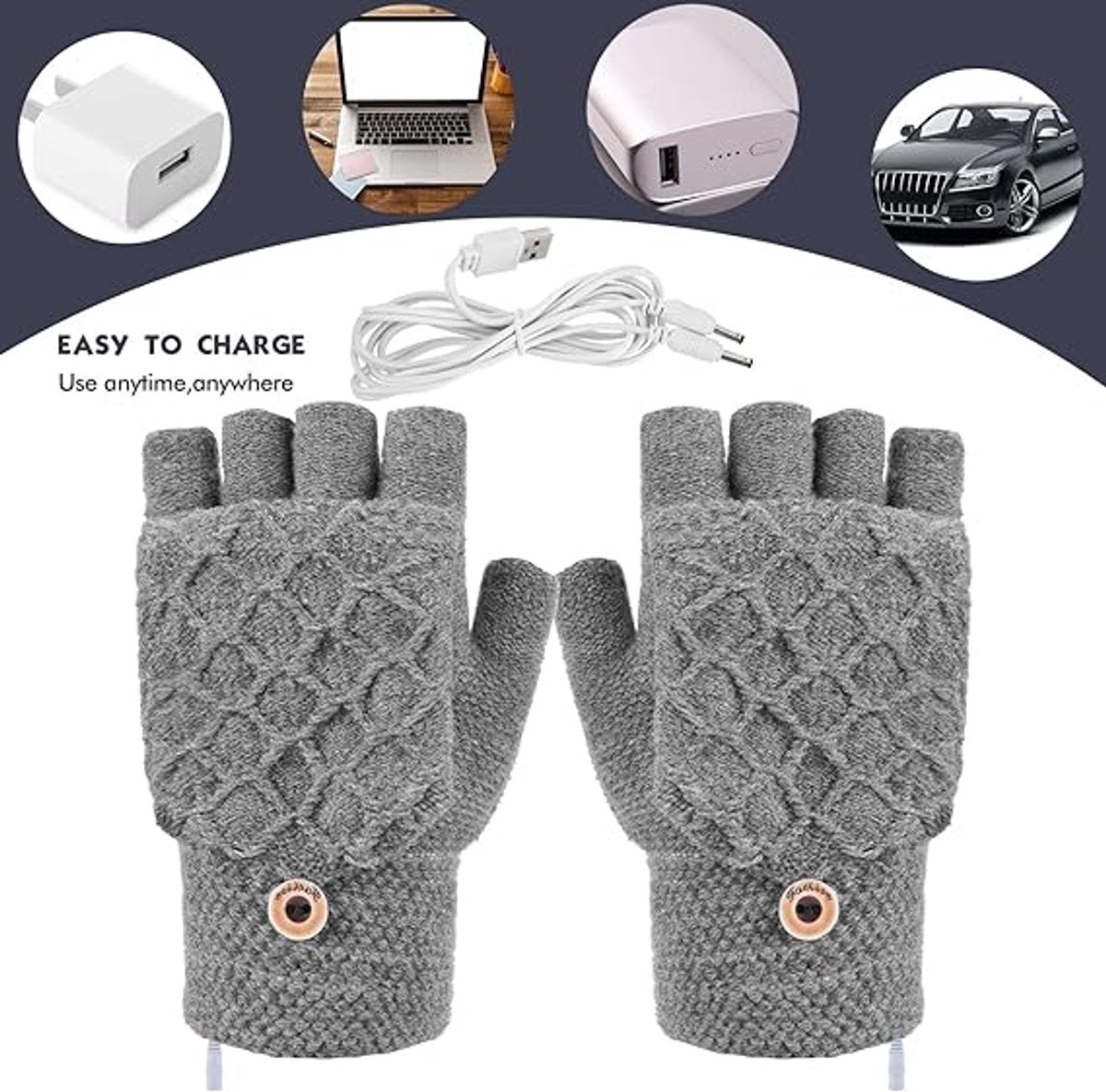 2 Pairs USB Heated Gloves - Heated Gloves - Electric Heating - Double-Sided Heating - Knitted Heated Gloves - Warm Winter Gloves - Gloves with Heating - Gloves - Winter - Unisex - Grey/Black - Image 5