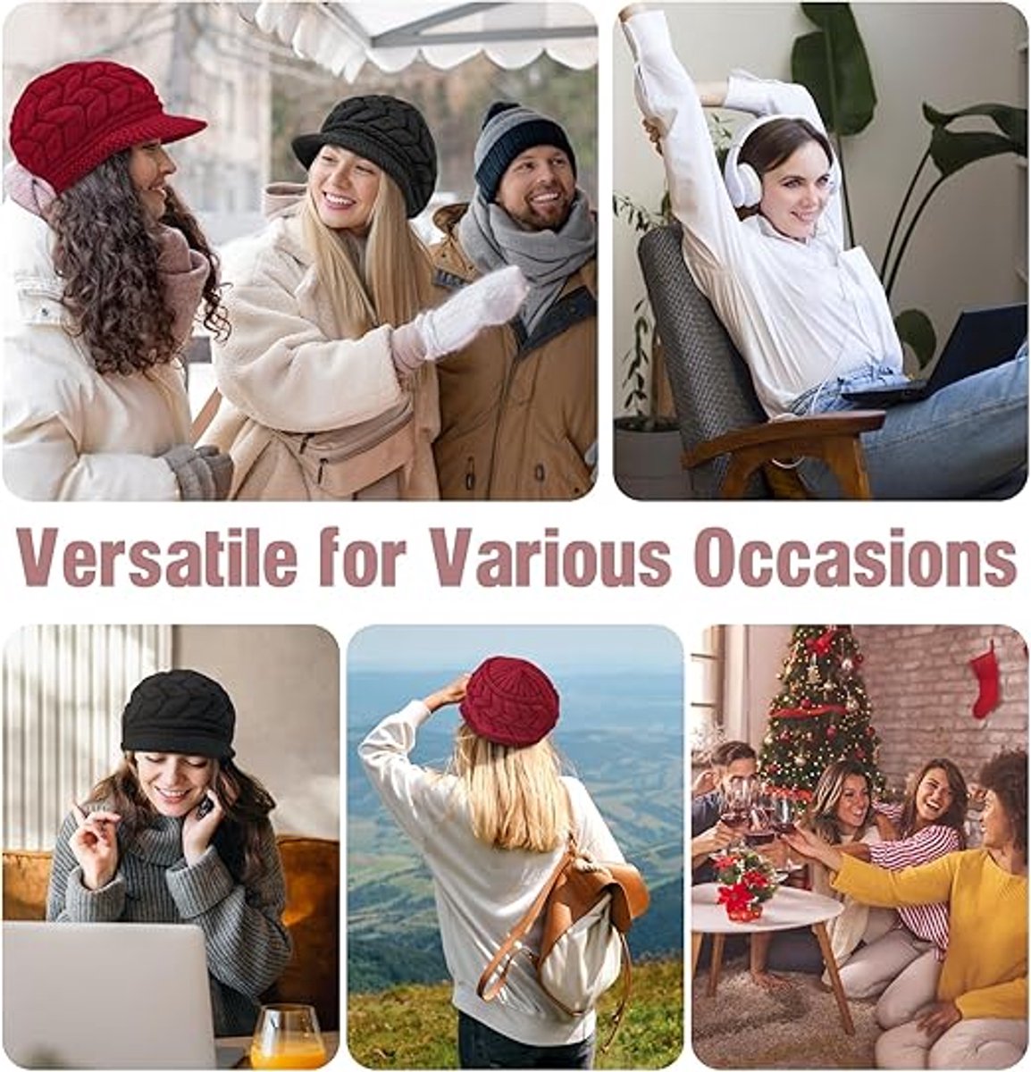 Ladies' Hat - Beanie Hat - Beret - Ladies' Beret - 4 Pieces - Knitted hat for ladies - Warm Winter Beret - Winter Hat - Warm Hats - Winter Hat with Brim - Winter - Fashion - Black/Beige/Grey/Red - Image 4