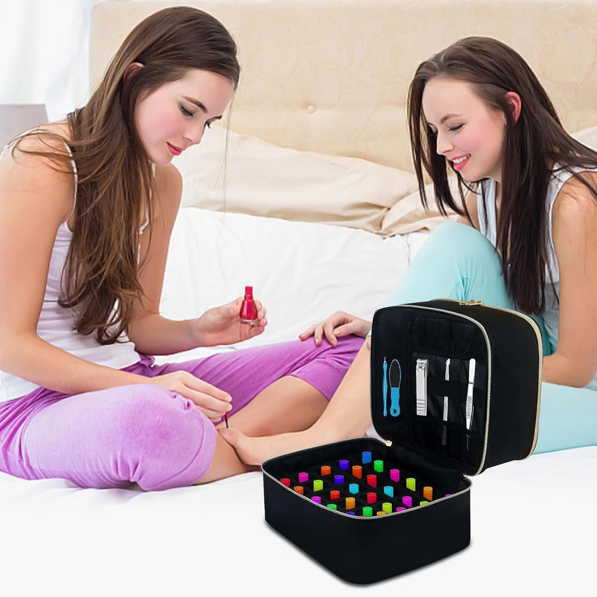 Nail polish storage - Nail polish case - Beauty case - Nail case bag - Nail stylist bag - Nail polish carrying case - double-layer makeup bag - nail accessories - nail organizer - storage box - for 30 bottles and nail lamp - 25*20*21 cm - black - Image 3