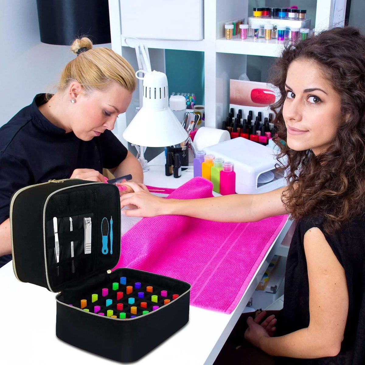 Nail polish storage - Nail polish case - Beauty case - Nail case bag - Nail stylist bag - Nail polish carrying case - double-layer makeup bag - nail accessories - nail organizer - storage box - for 30 bottles and nail lamp - 25*20*21 cm - black - Image 4