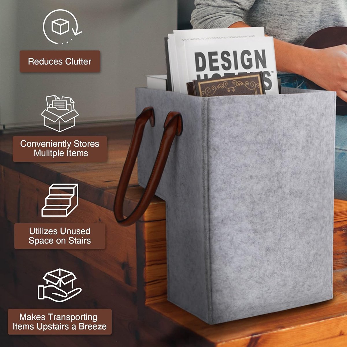 Stair Organizer Basket - Stair Basket - L-shaped foldable stair basket - Storage Bag - Felt Stair Basket - Laundry Basket - Toy Basket - Household Items - for Laundry, Toys - 42*42*25.5 cm - Light Grey - Image 2