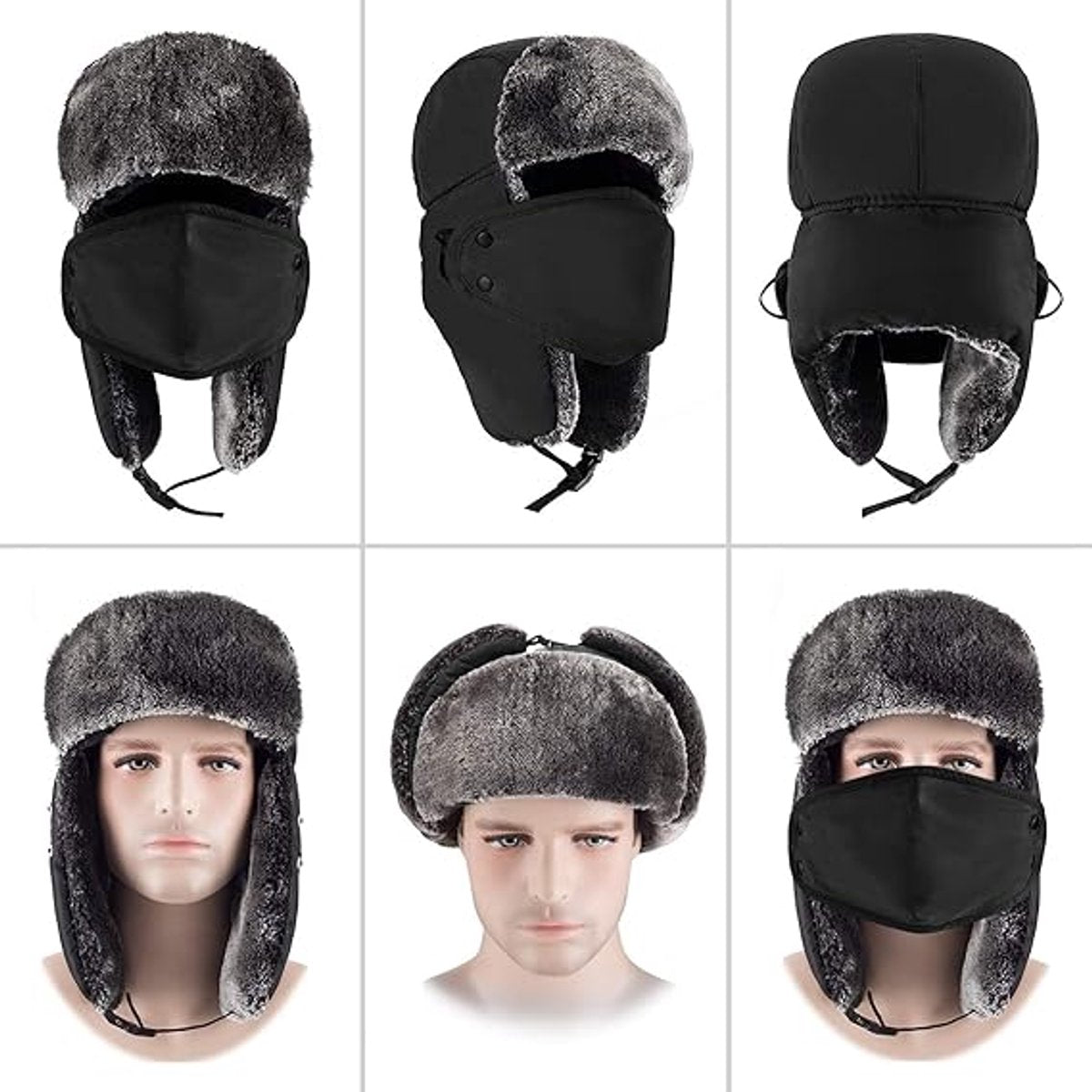 Beanie - men's beanie - Winter beanie - With Ear flaps and Face Mask - Winter Fur - Men's winter hat - Trapper hat - Black Ski Trooper - Snow Cap - Russian hat - Hunter's hat - Winter ear flap beanie - for cold weather - Black - Image 2