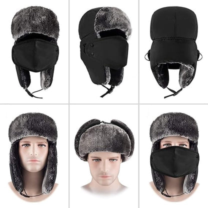Beanie - men's beanie - Winter beanie - With Ear flaps and Face Mask - Winter Fur - Men's winter hat - Trapper hat - Black Ski Trooper - Snow Cap - Russian hat - Hunter's hat - Winter ear flap beanie - for cold weather - Black - Image 2