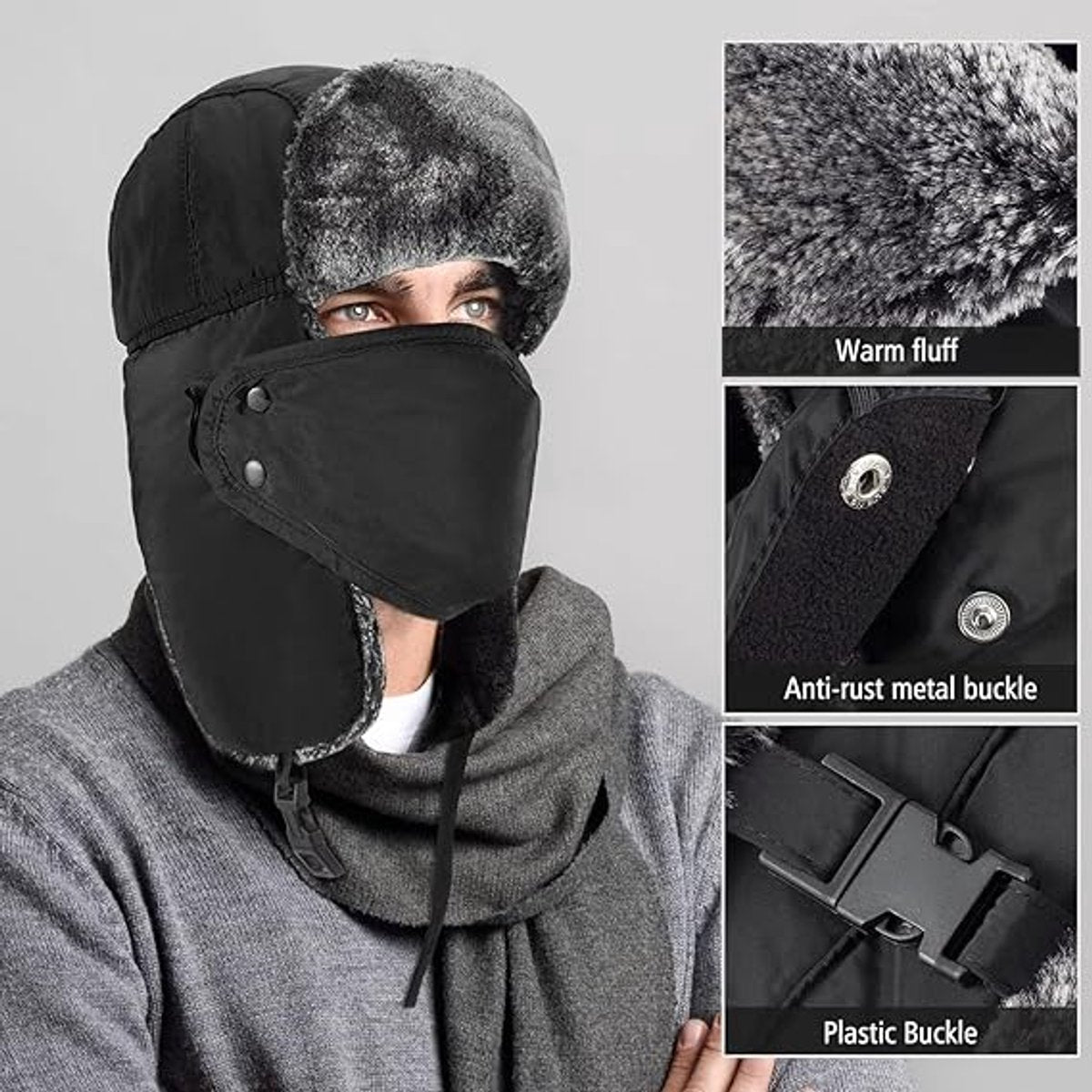 Beanie - men's beanie - Winter beanie - With Ear flaps and Face Mask - Winter Fur - Men's winter hat - Trapper hat - Black Ski Trooper - Snow Cap - Russian hat - Hunter's hat - Winter ear flap beanie - for cold weather - Black - Image 3