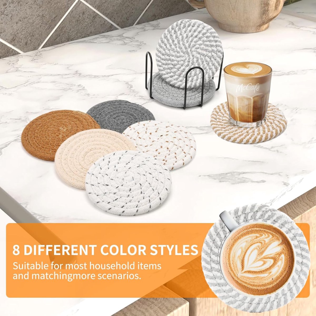 Set of 8 Round Coasters with Stand - Coaster Set - Thermal Insulation - Non-Slip Braided Cotton Coasters - Coasters for Glasses - for Glasses - For Drinks, Bar, Cups, Table Coasters - Image 2